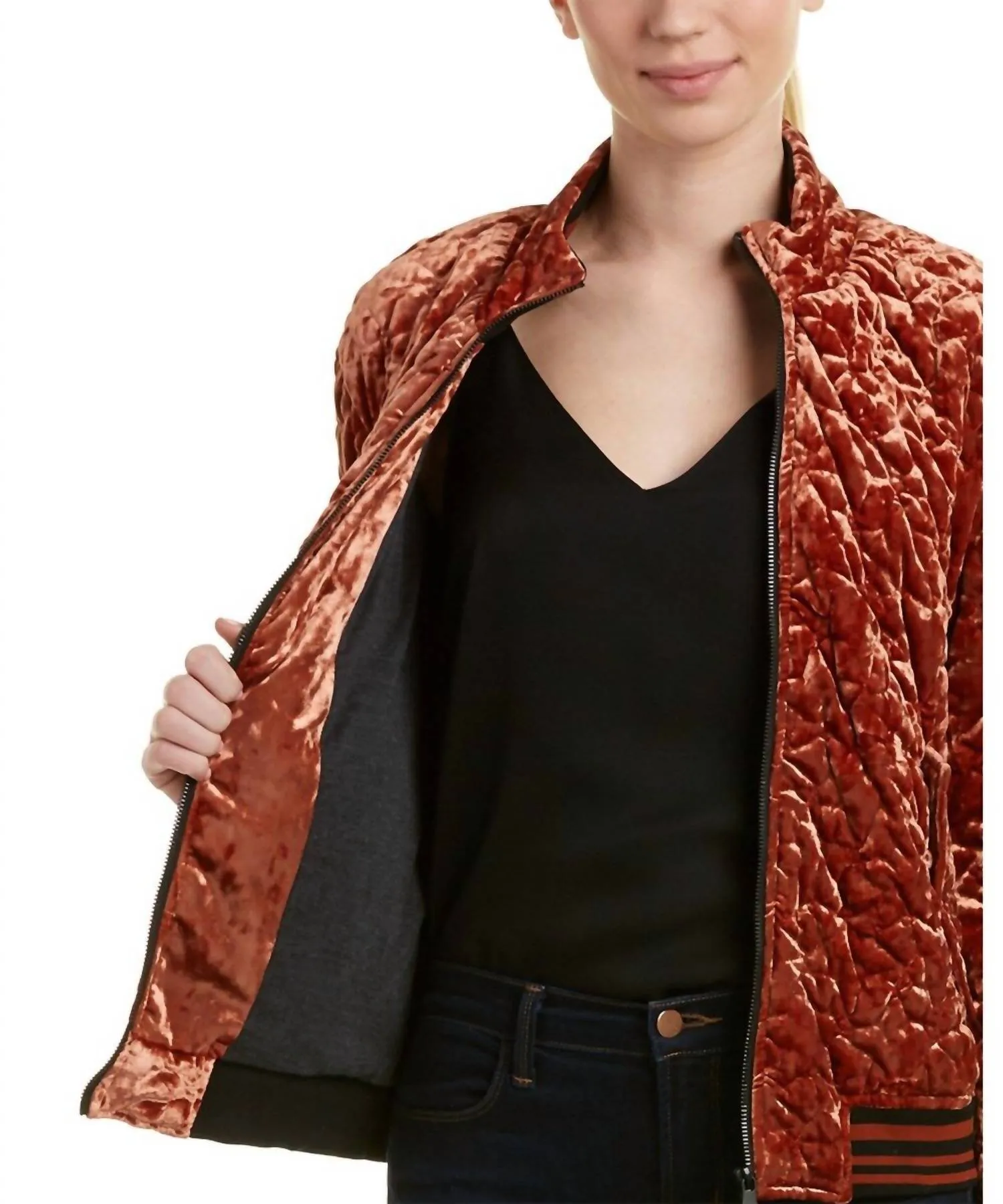 Quilted Velvet Bomber Jacket In Brown