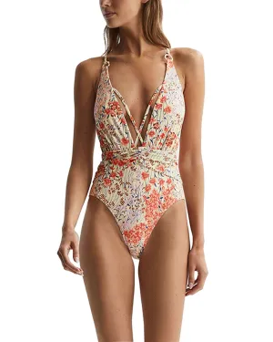 Reiss Isla Floral Print Plunge Neck Swimsuit
