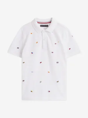 Tommy Hilfiger Boys All Over Flag Embroidered Polo Shirt in White
