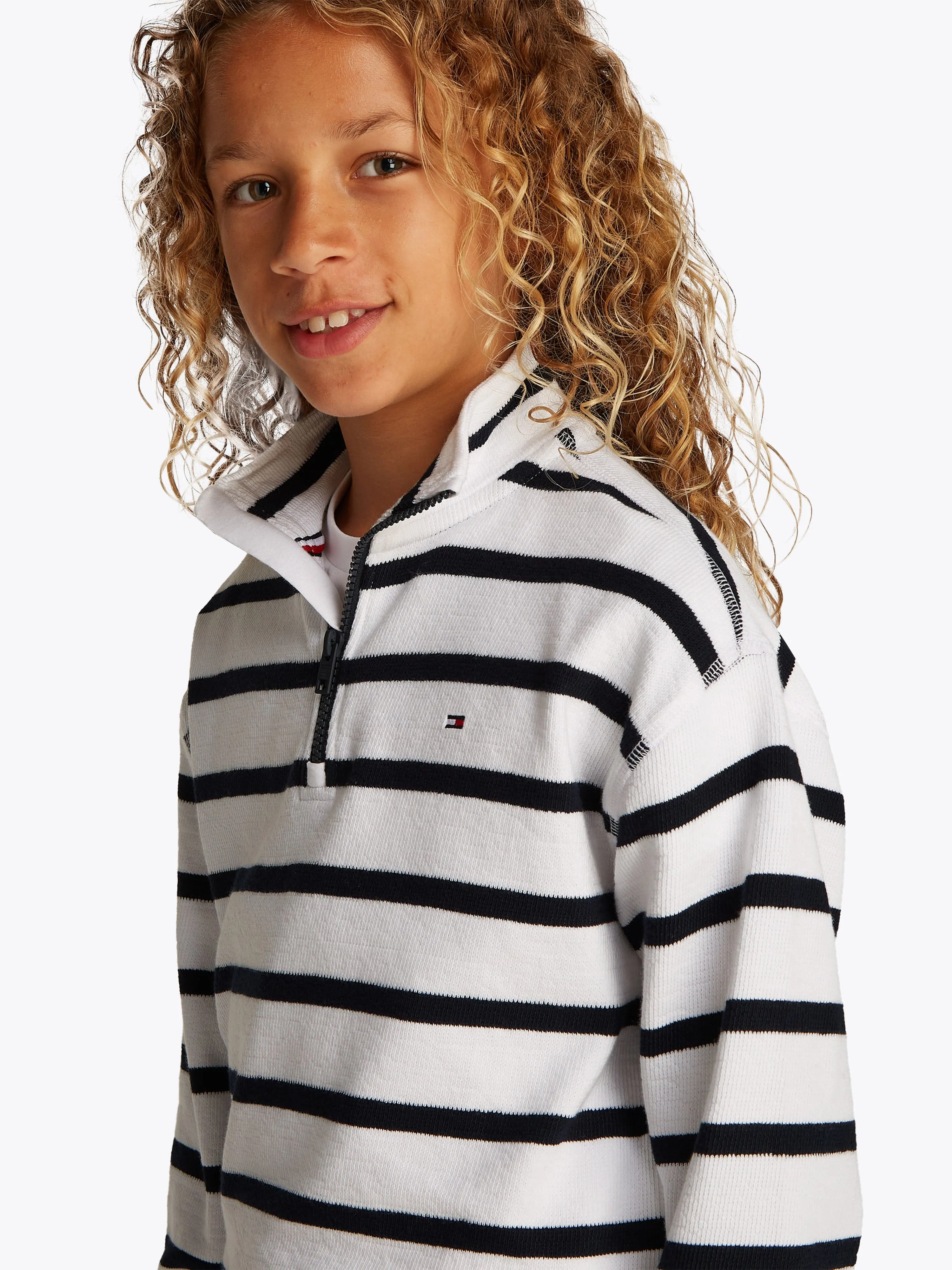 Tommy Hilfiger Boys Breton Stripe Half Zip Sweatshirt in White