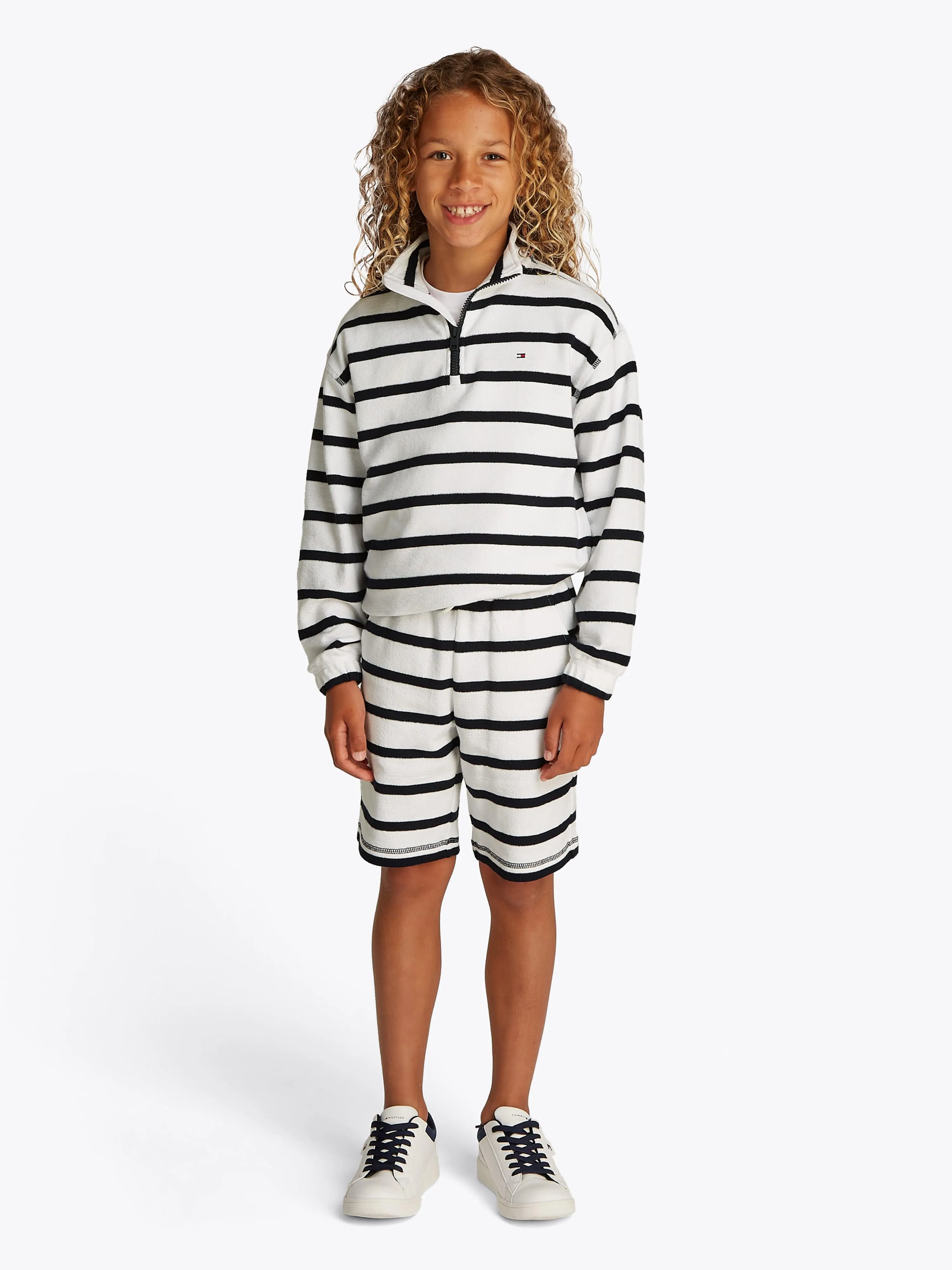 Tommy Hilfiger Boys Breton Stripe Half Zip Sweatshirt in White