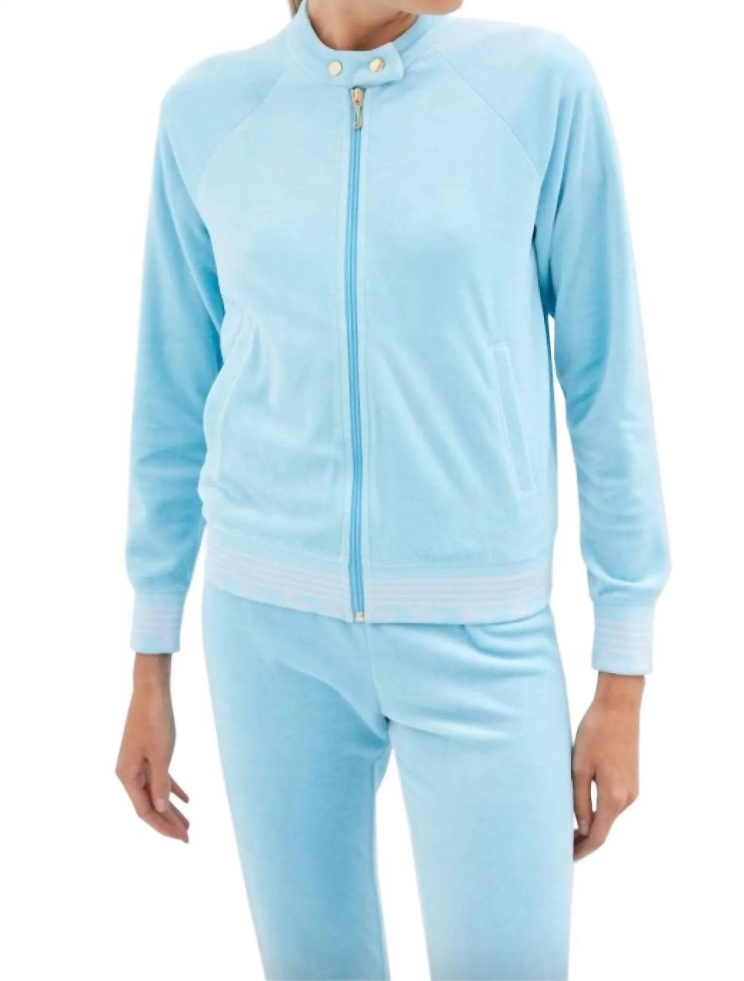 Women's Doo Wop Snap Collar Velour Track Jacket In Light Blue
