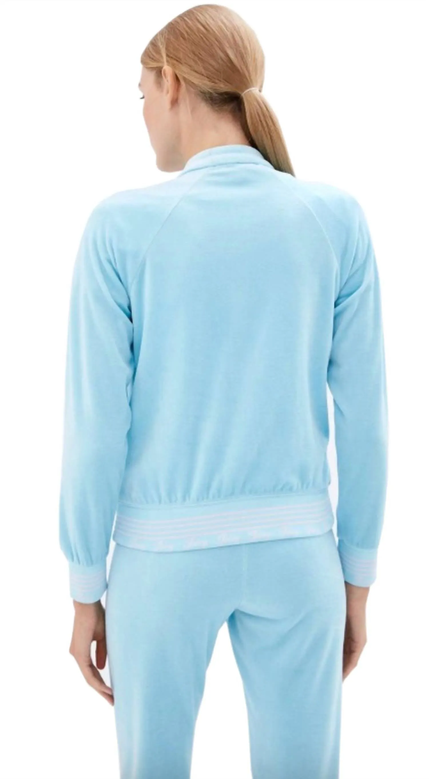 Women's Doo Wop Snap Collar Velour Track Jacket In Light Blue