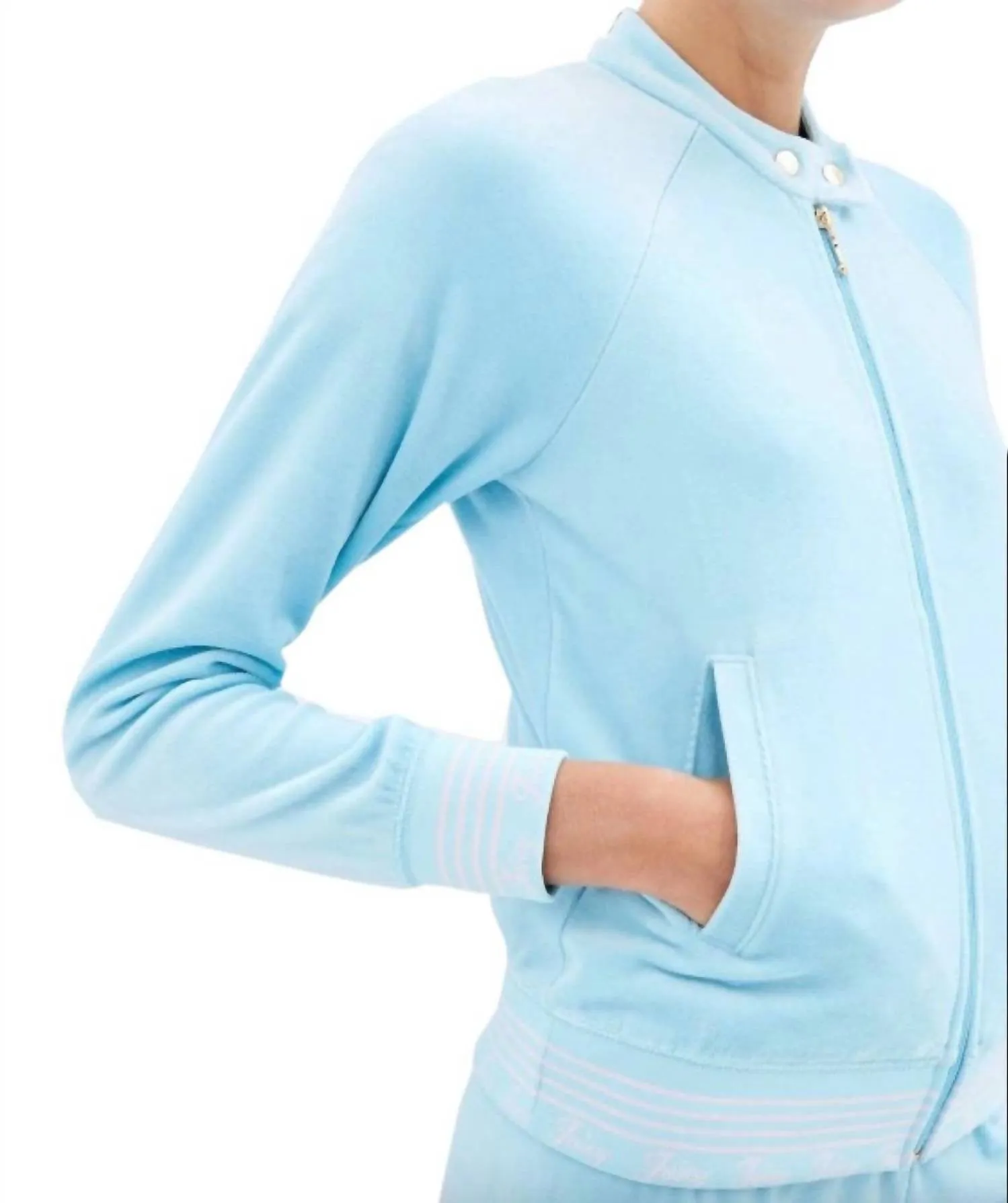 Women's Doo Wop Snap Collar Velour Track Jacket In Light Blue